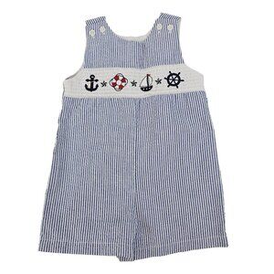 Nautical Baby Romper 9M Blue & White Stripe Embroidered Anchors & Ships Goodlad